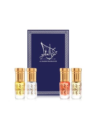 Al Hakimi Fragrances Gift Set - White Oud, Red Musk, Mukhallat Behjat & Patchouli Gold - 1/4 Tola